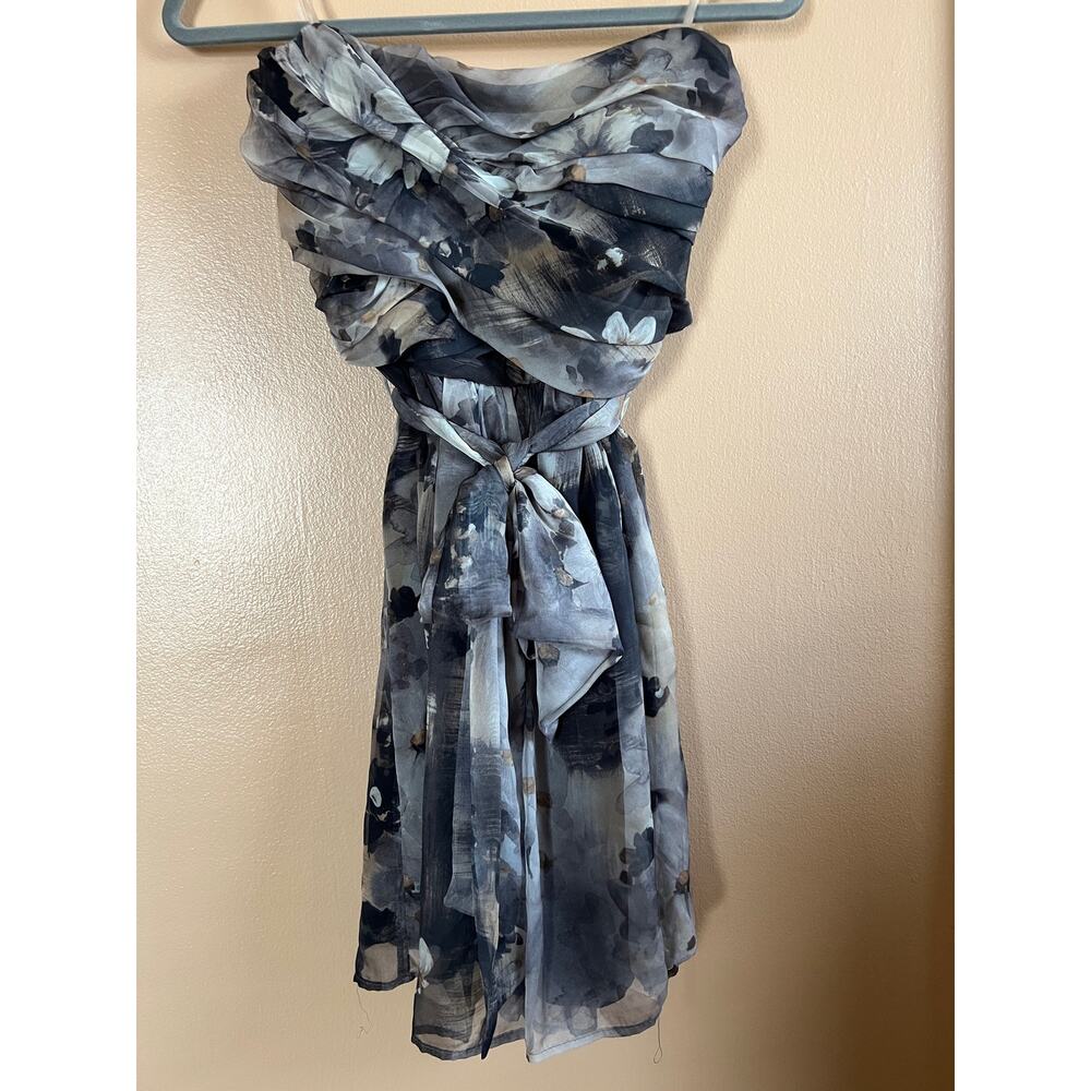 Mystic Watercolor Floral Strapless Dress Gray Blue Ruffle Bow Sash Small